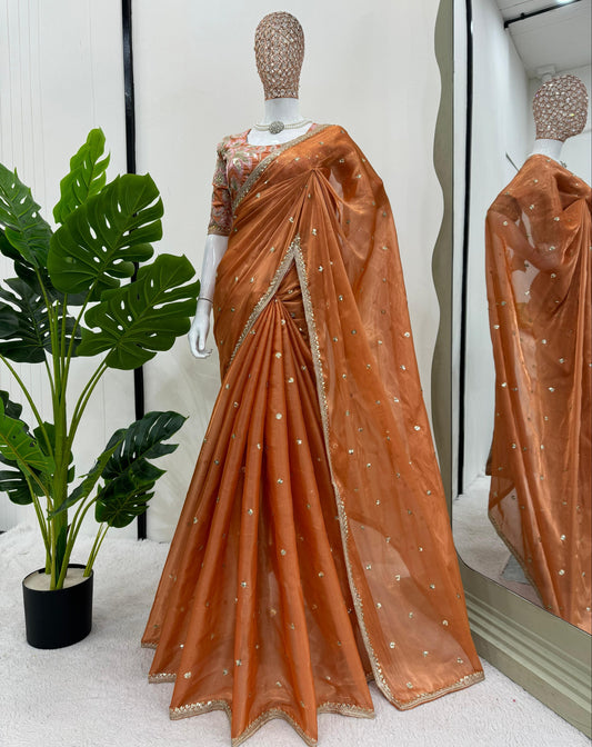 Orange Jimmy Chu Sequins Work Saree