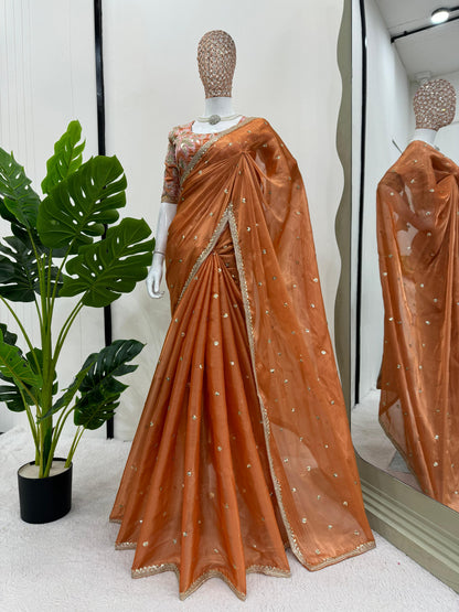 Orange Jimmy Chu Sequins Work Saree