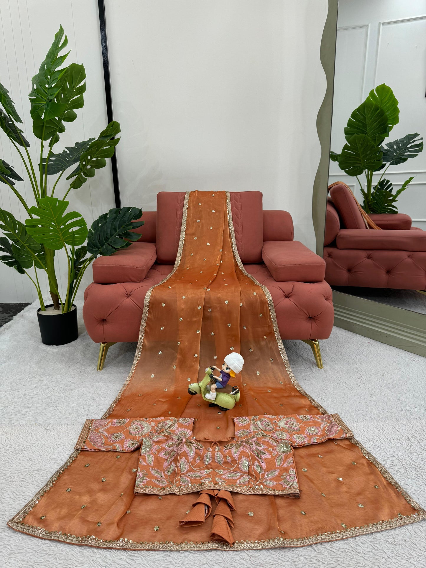 Orange Jimmy Chu Sequins Work Saree