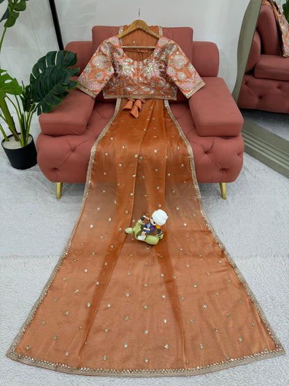 Orange Jimmy Chu Sequins Work Saree