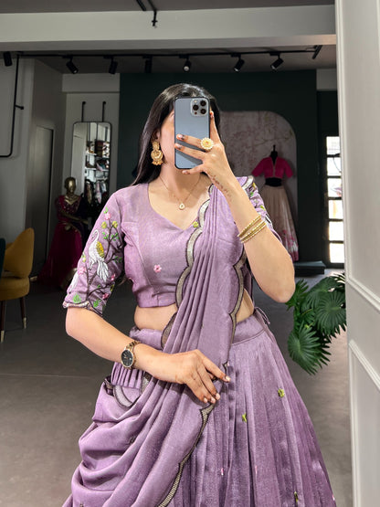 Lavender Vichitra Simmer Sequins Embroidery Work Lehenga