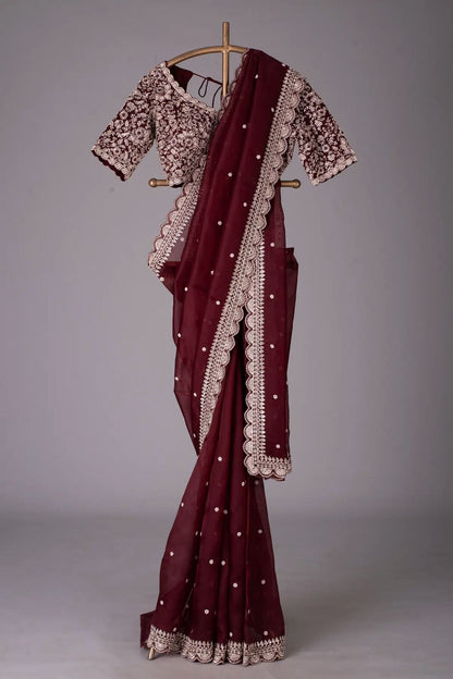 Maroon  Heavy Tibby Silk Sequins Embroidery Saree
