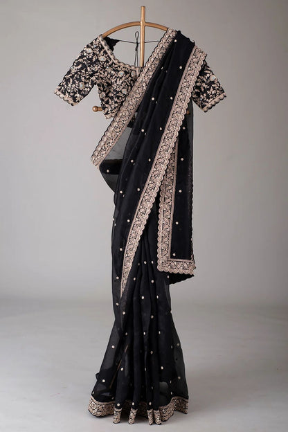 Black Heavy Tibby Silk Sequins Embroidery Saree