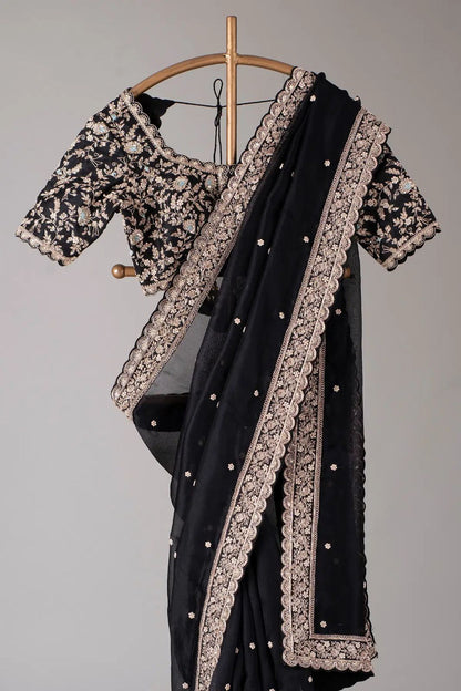 Black Heavy Tibby Silk Sequins Embroidery Saree