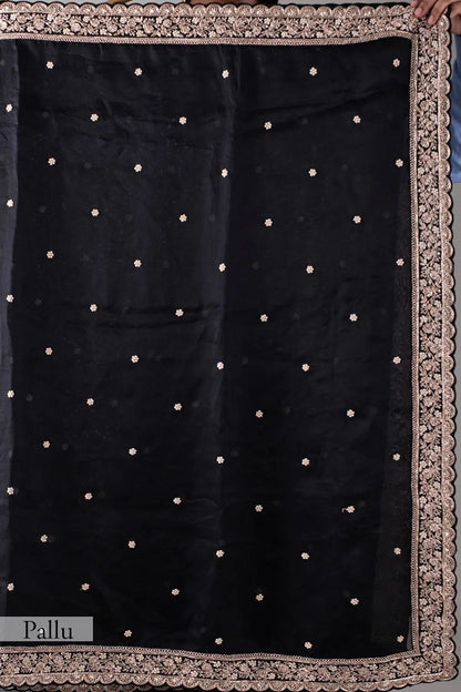 Black Heavy Tibby Silk Sequins Embroidery Saree