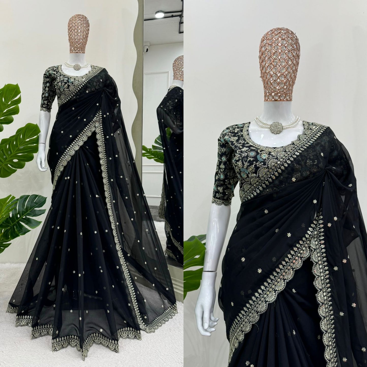 Black Heavy Tibby Silk Sequins Embroidery Saree