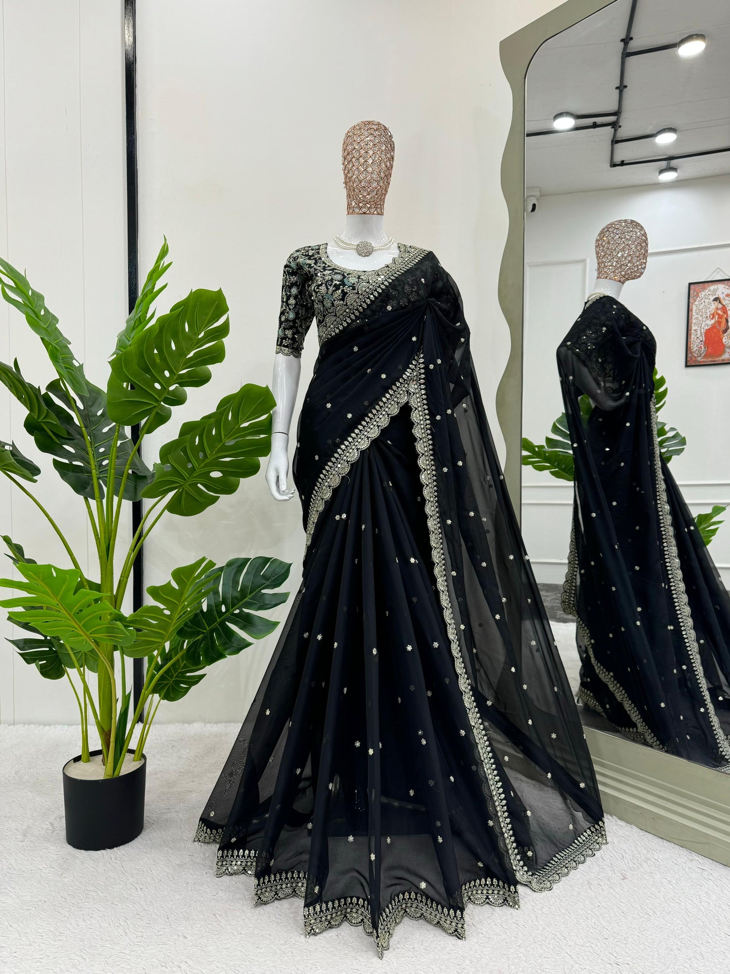Black Heavy Tibby Silk Sequins Embroidery Saree