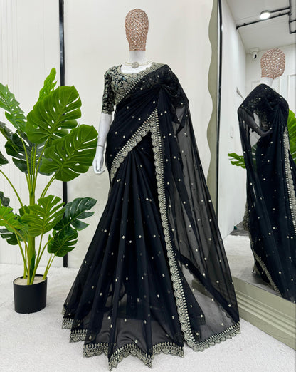 Black Heavy Tibby Silk Sequins Embroidery Saree