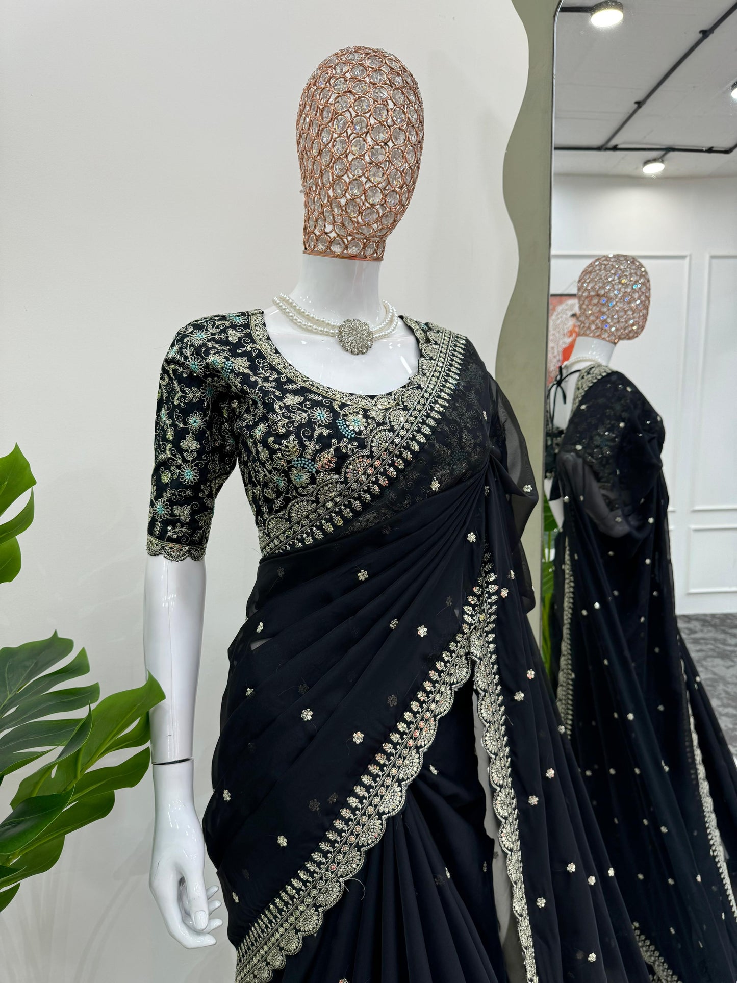 Black Heavy Tibby Silk Sequins Embroidery Saree