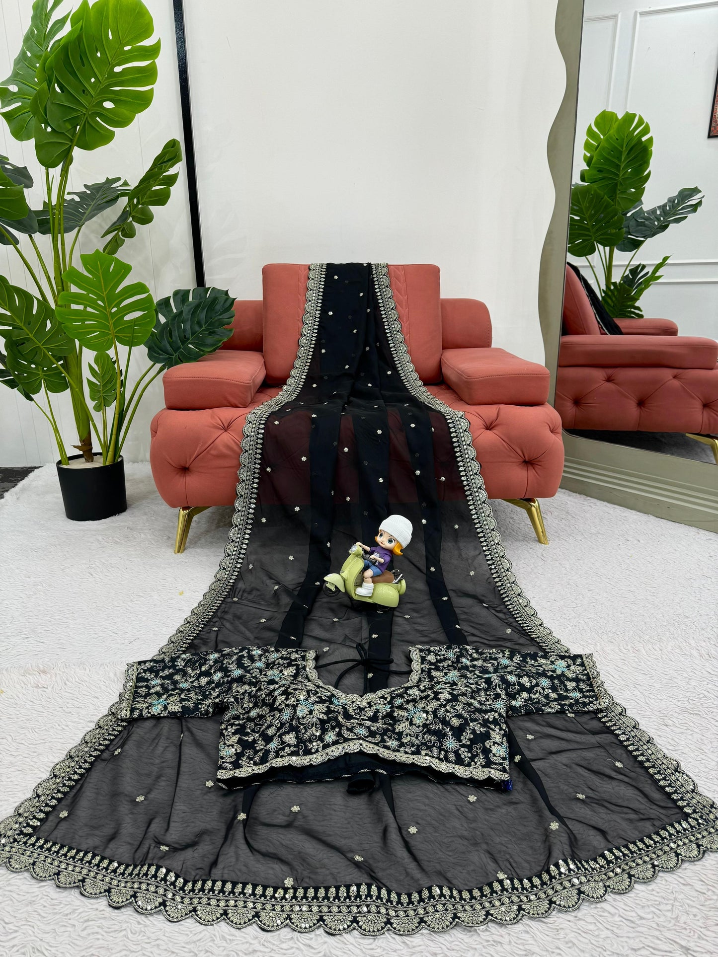 Black Heavy Tibby Silk Sequins Embroidery Saree