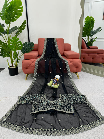 Black Heavy Tibby Silk Sequins Embroidery Saree