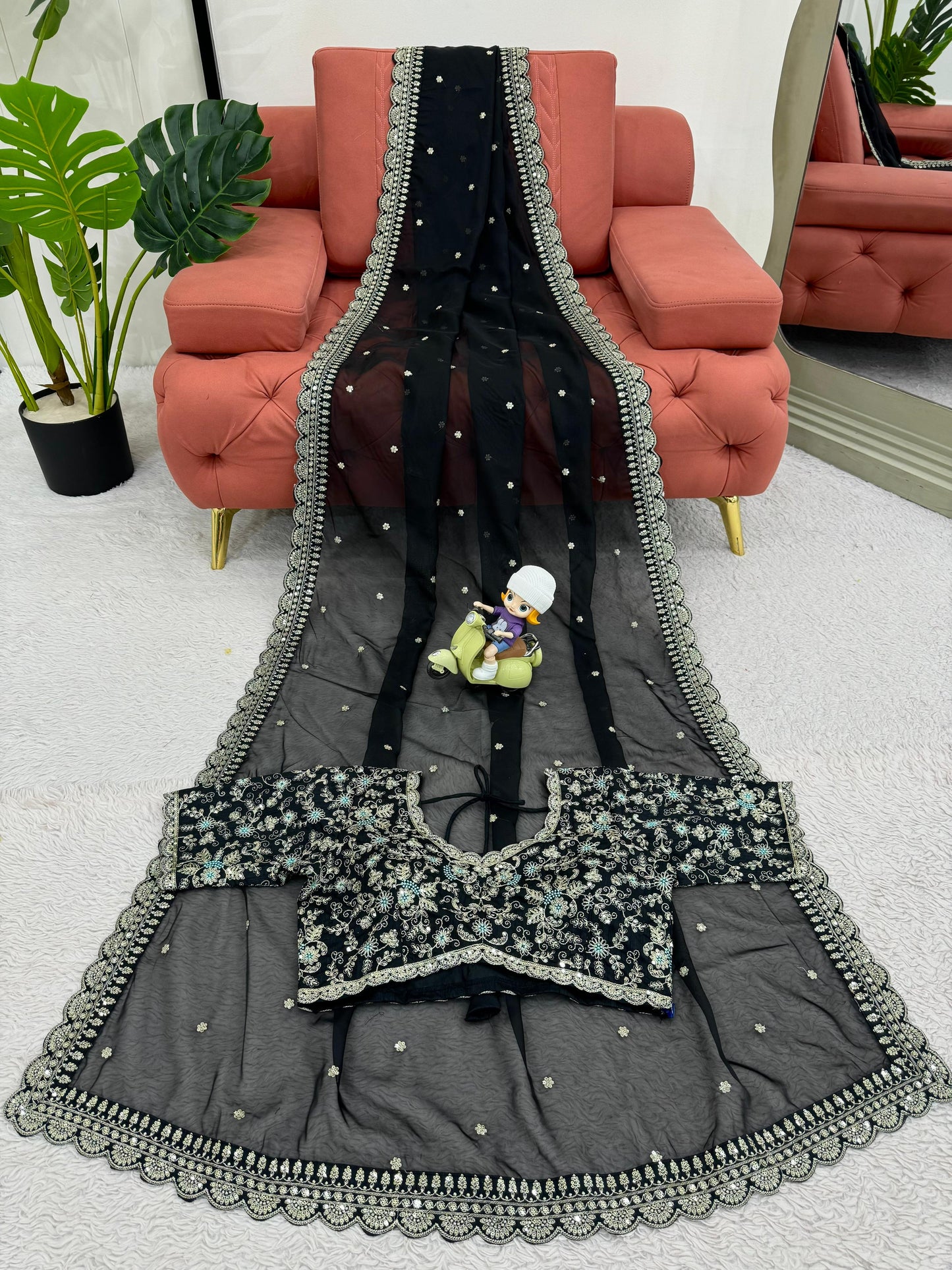 Black Heavy Tibby Silk Sequins Embroidery Saree