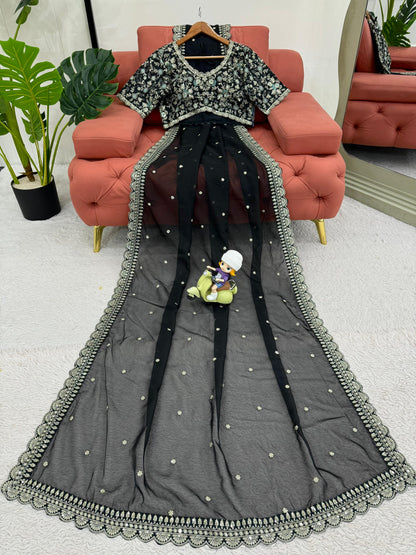 Black Heavy Tibby Silk Sequins Embroidery Saree