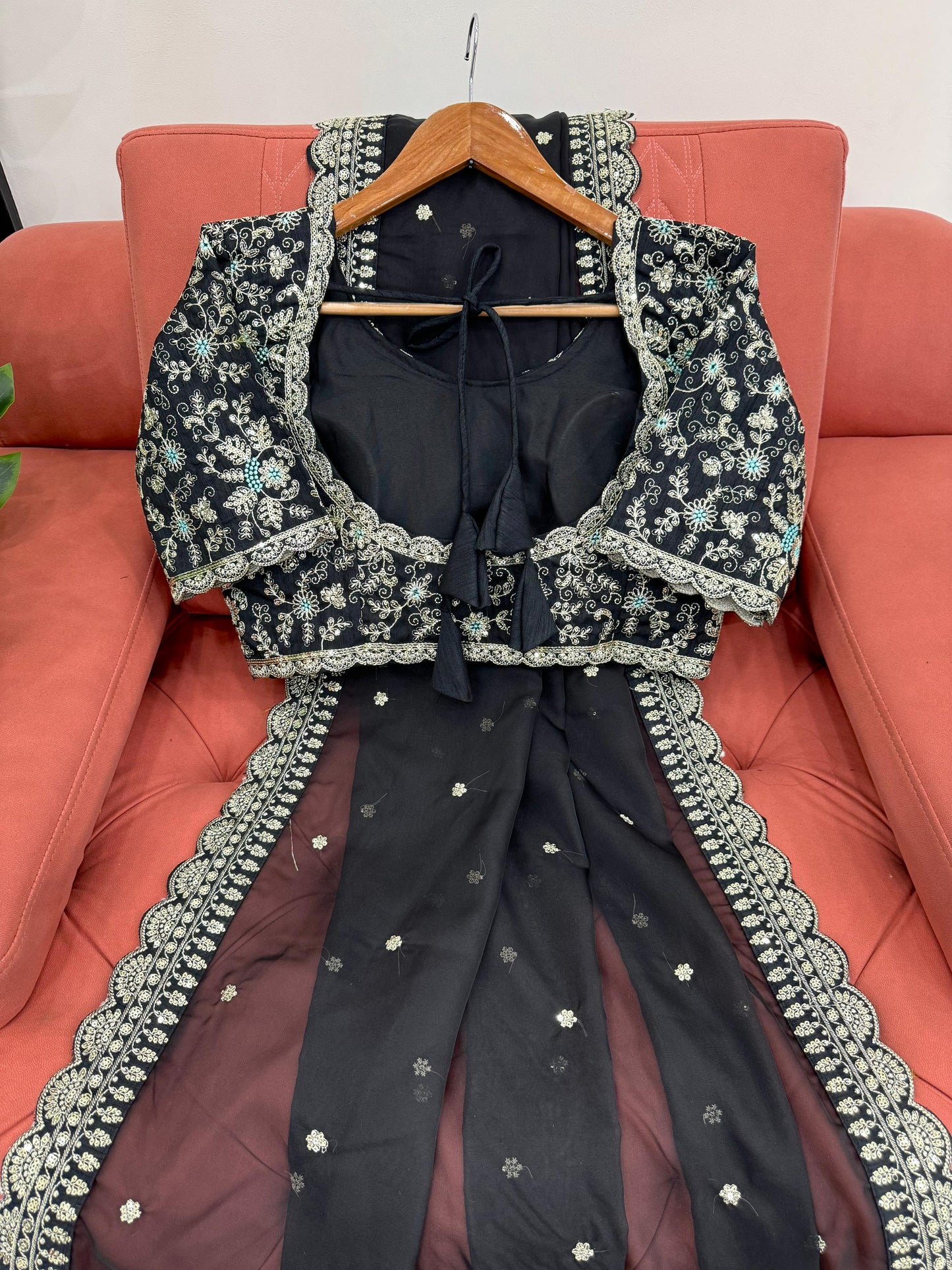 Black Heavy Tibby Silk Sequins Embroidery Saree