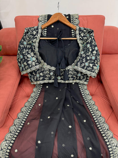 Black Heavy Tibby Silk Sequins Embroidery Saree