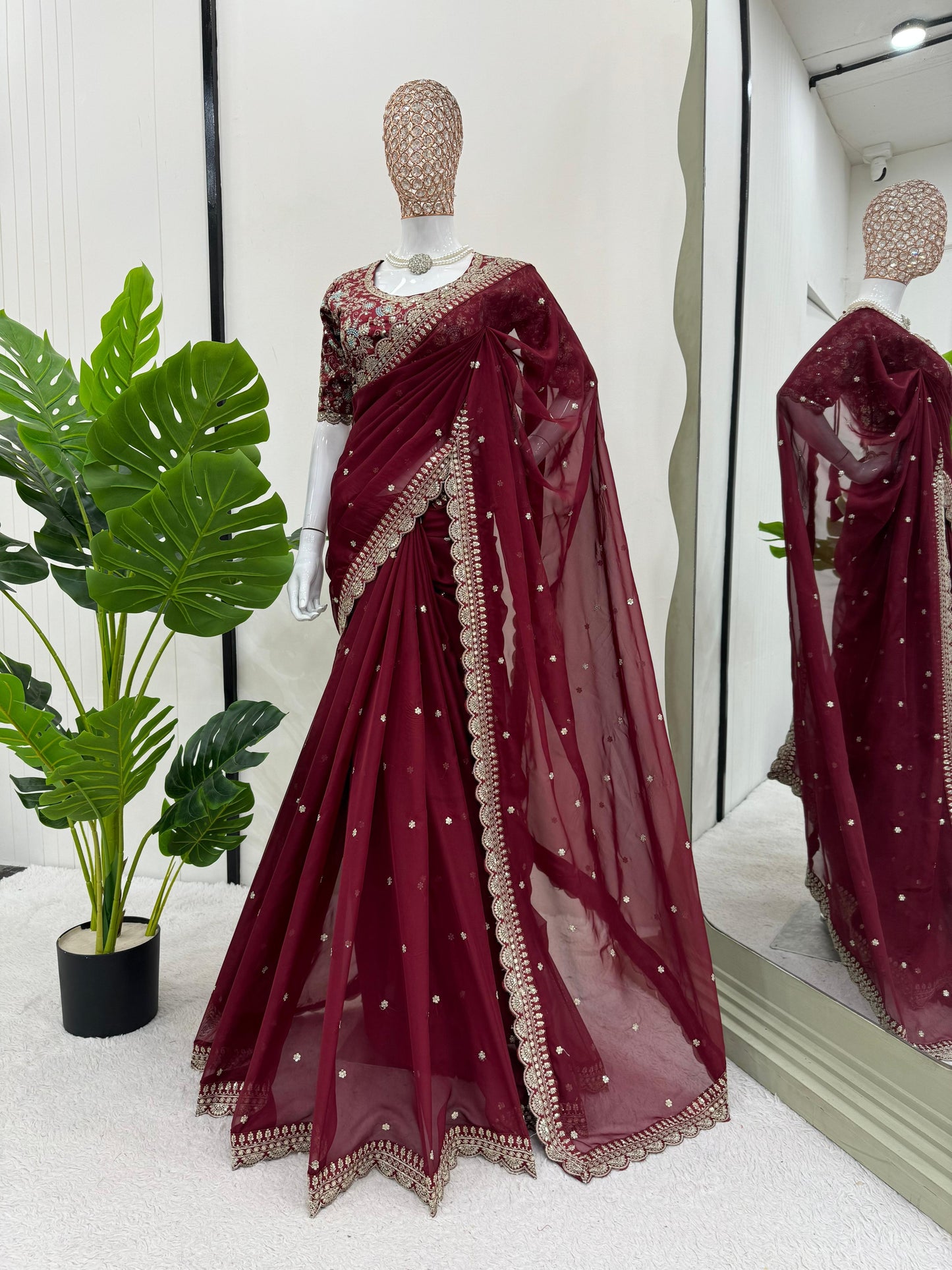 Maroon  Heavy Tibby Silk Sequins Embroidery Saree