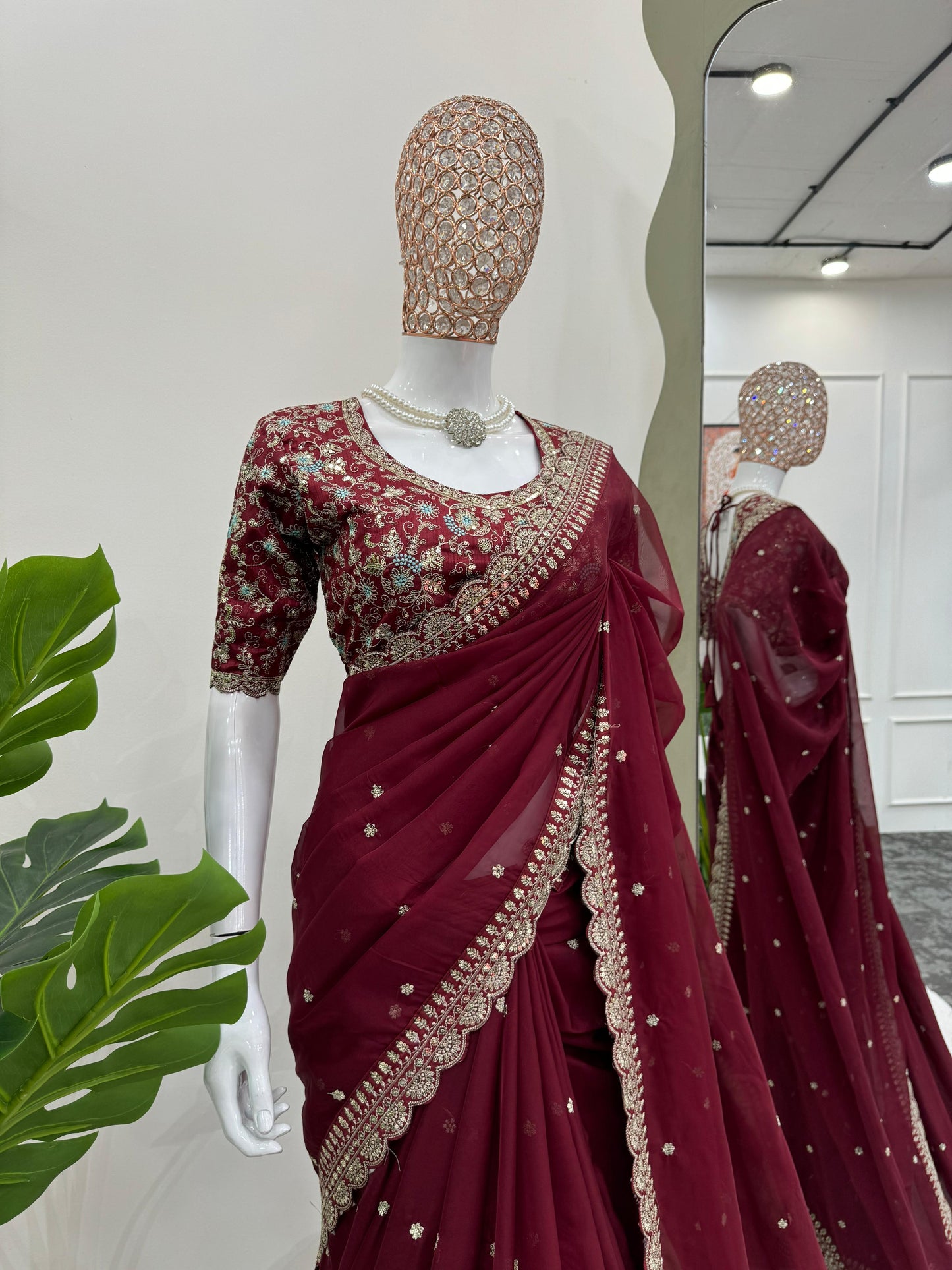 Maroon  Heavy Tibby Silk Sequins Embroidery Saree