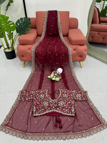 Maroon  Heavy Tibby Silk Sequins Embroidery Saree