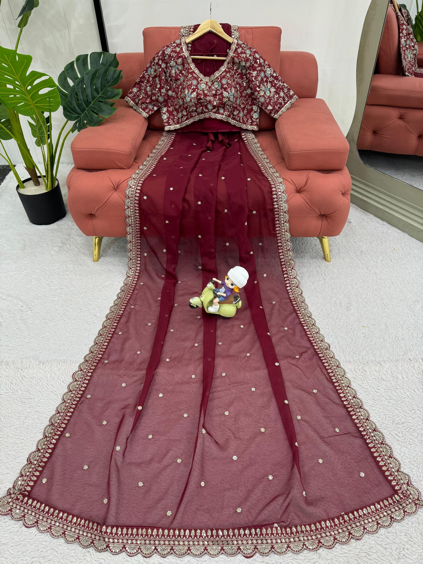 Maroon  Heavy Tibby Silk Sequins Embroidery Saree