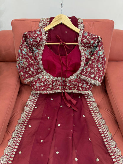 Maroon  Heavy Tibby Silk Sequins Embroidery Saree