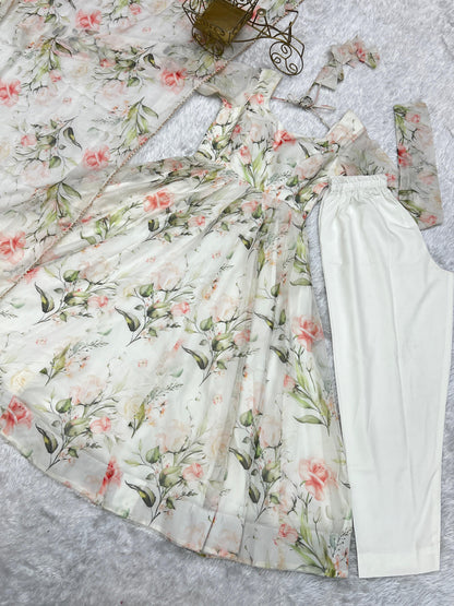 White Heavy Pure Soft Organza Silk With Print 3pc Kurta Set