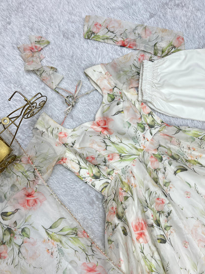 White Heavy Pure Soft Organza Silk With Print 3pc Kurta Set