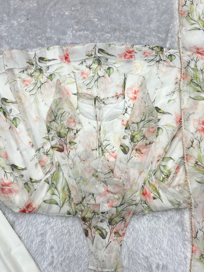 White Heavy Pure Soft Organza Silk With Print 3pc Kurta Set