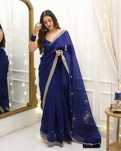 Navy Blue Heavy Organza Silk With LCD Diamonds Saree