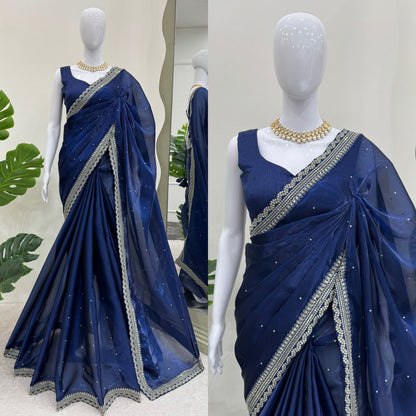 Navy Blue Heavy Organza Silk With LCD Diamonds Saree