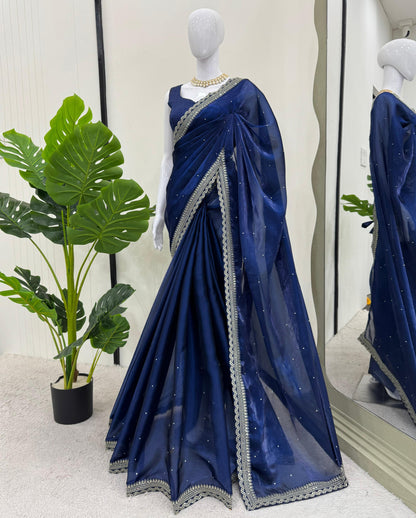 Navy Blue Heavy Organza Silk With LCD Diamonds Saree
