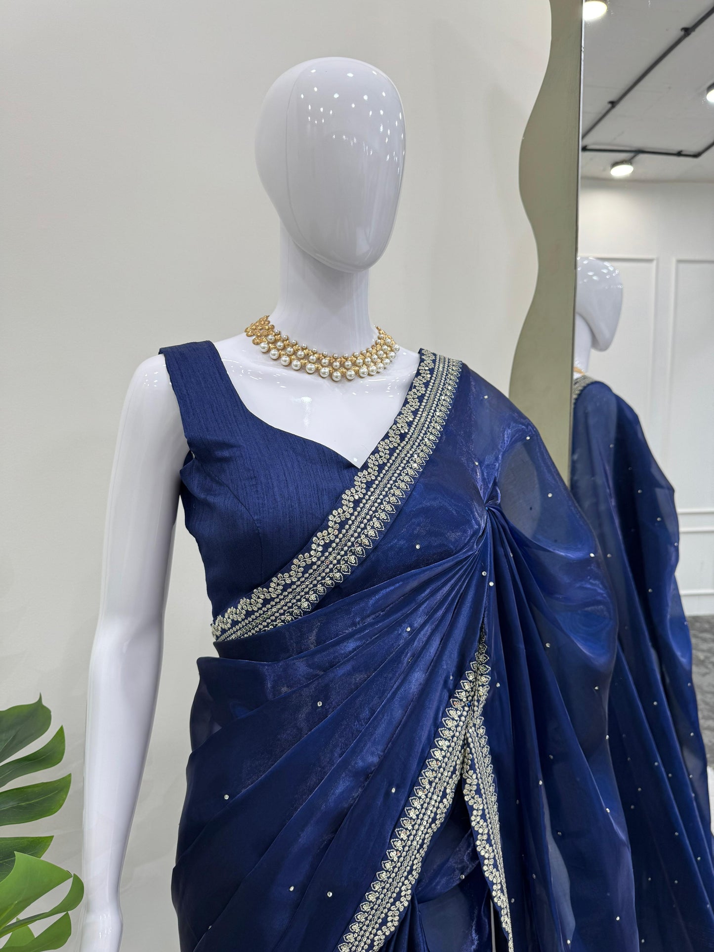 Navy Blue Heavy Organza Silk With LCD Diamonds Saree