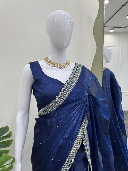 Navy Blue Heavy Organza Silk With LCD Diamonds Saree