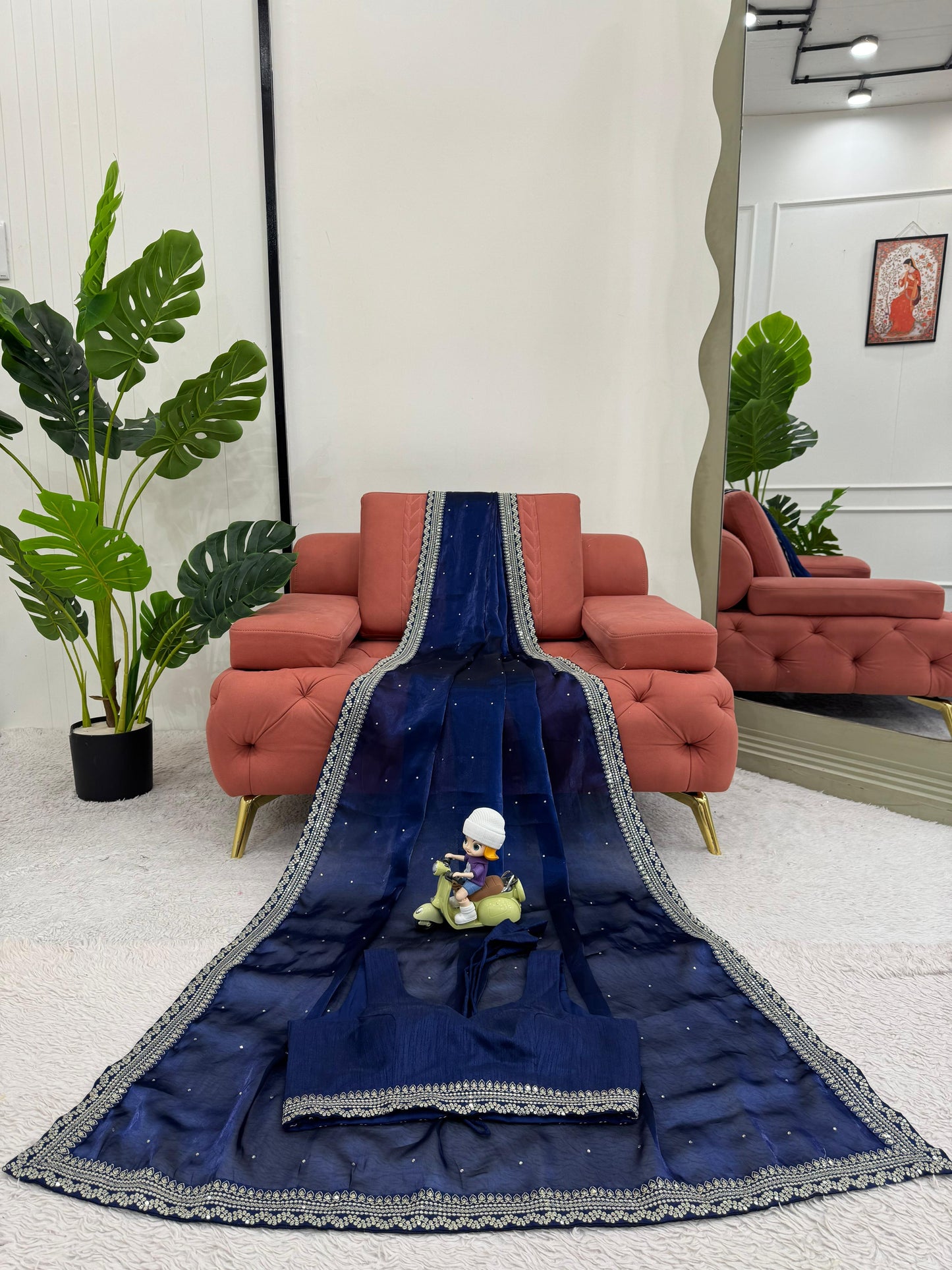 Navy Blue Heavy Organza Silk With LCD Diamonds Saree