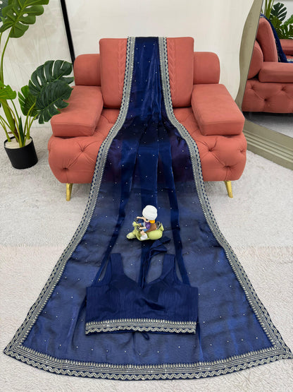 Navy Blue Heavy Organza Silk With LCD Diamonds Saree