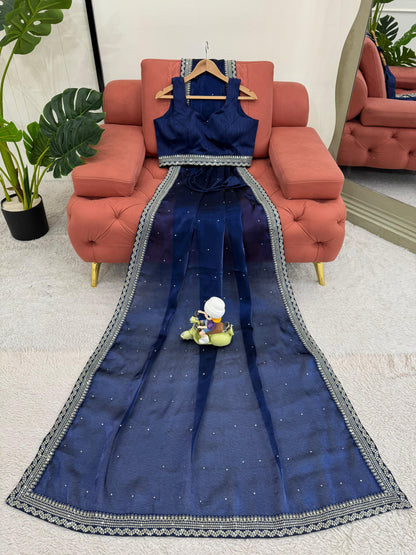 Navy Blue Heavy Organza Silk With LCD Diamonds Saree