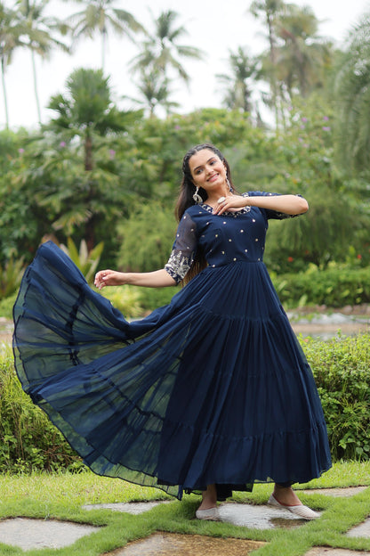 Navy Blue Faux Blooming Sequins Work Gown