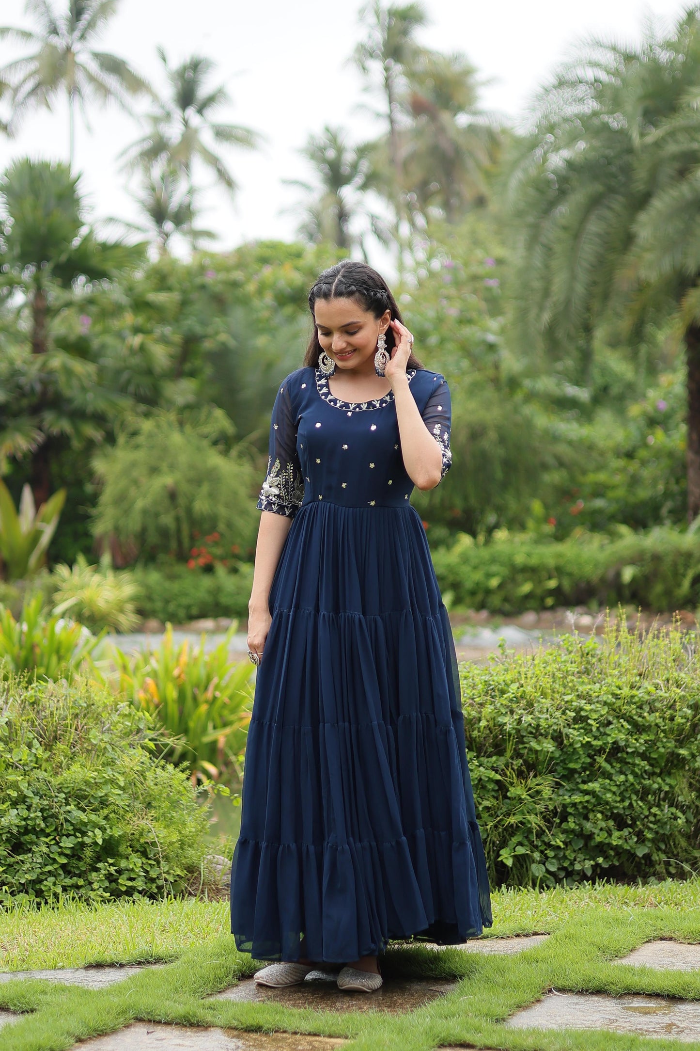 Navy Blue Faux Blooming Sequins Work Gown