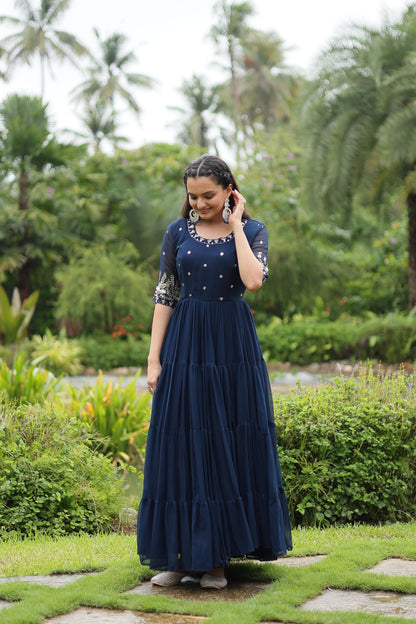 Navy Blue Faux Blooming Sequins Work Gown