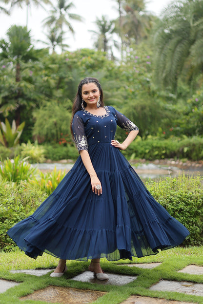 Navy Blue Faux Blooming Sequins Work Gown