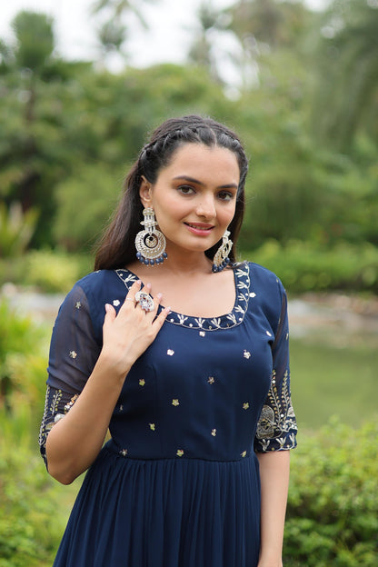 Navy Blue Faux Blooming Sequins Work Gown