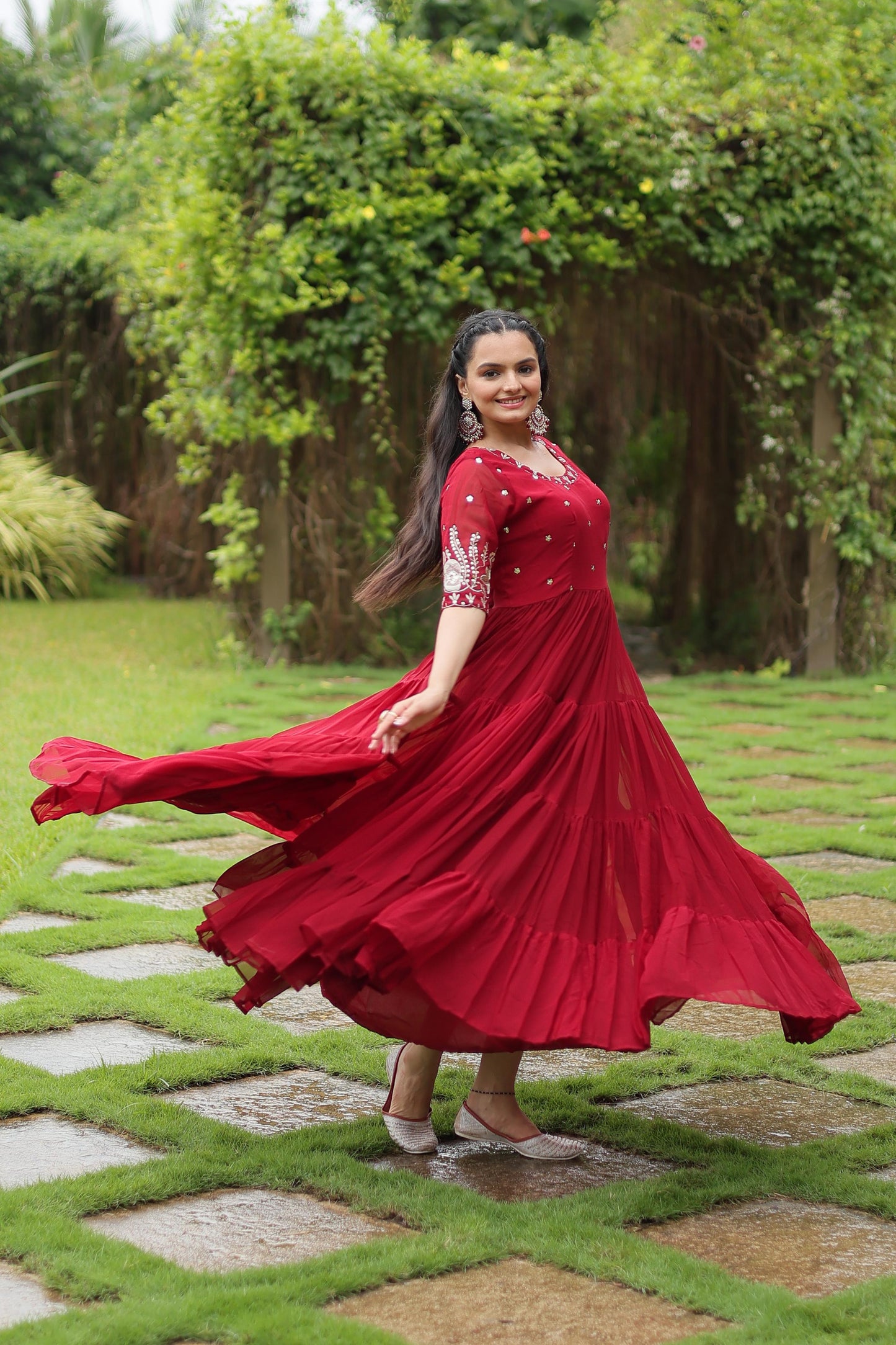 Red Faux Blooming Sequins Work Gown