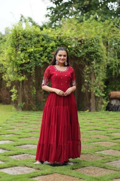 Red Faux Blooming Sequins Work Gown