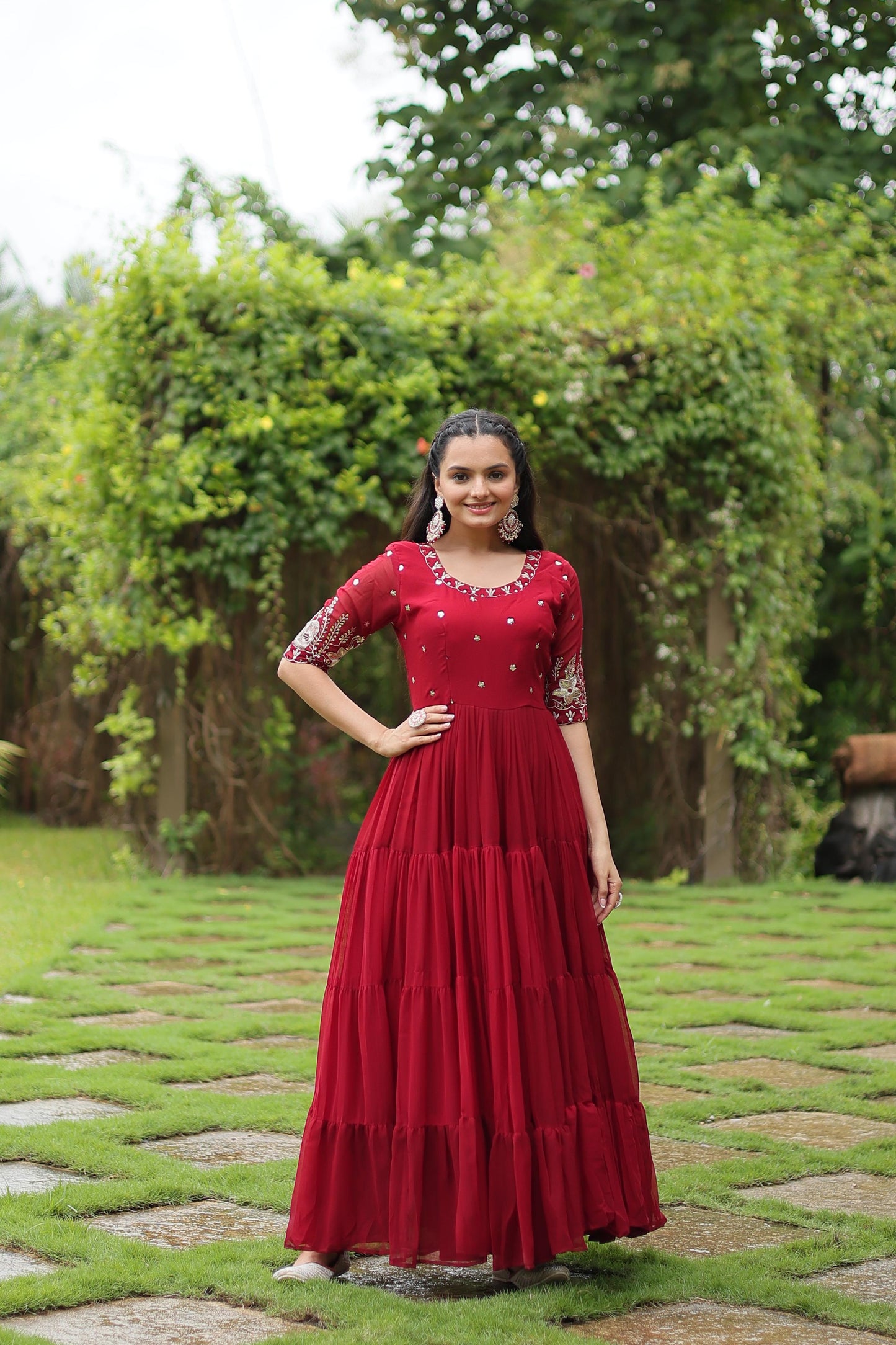 Red Faux Blooming Sequins Work Gown