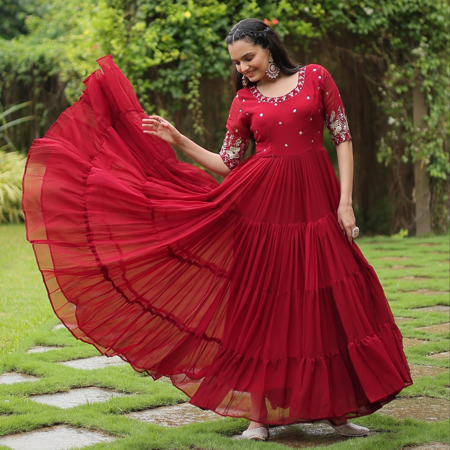 Red Faux Blooming Sequins Work Gown