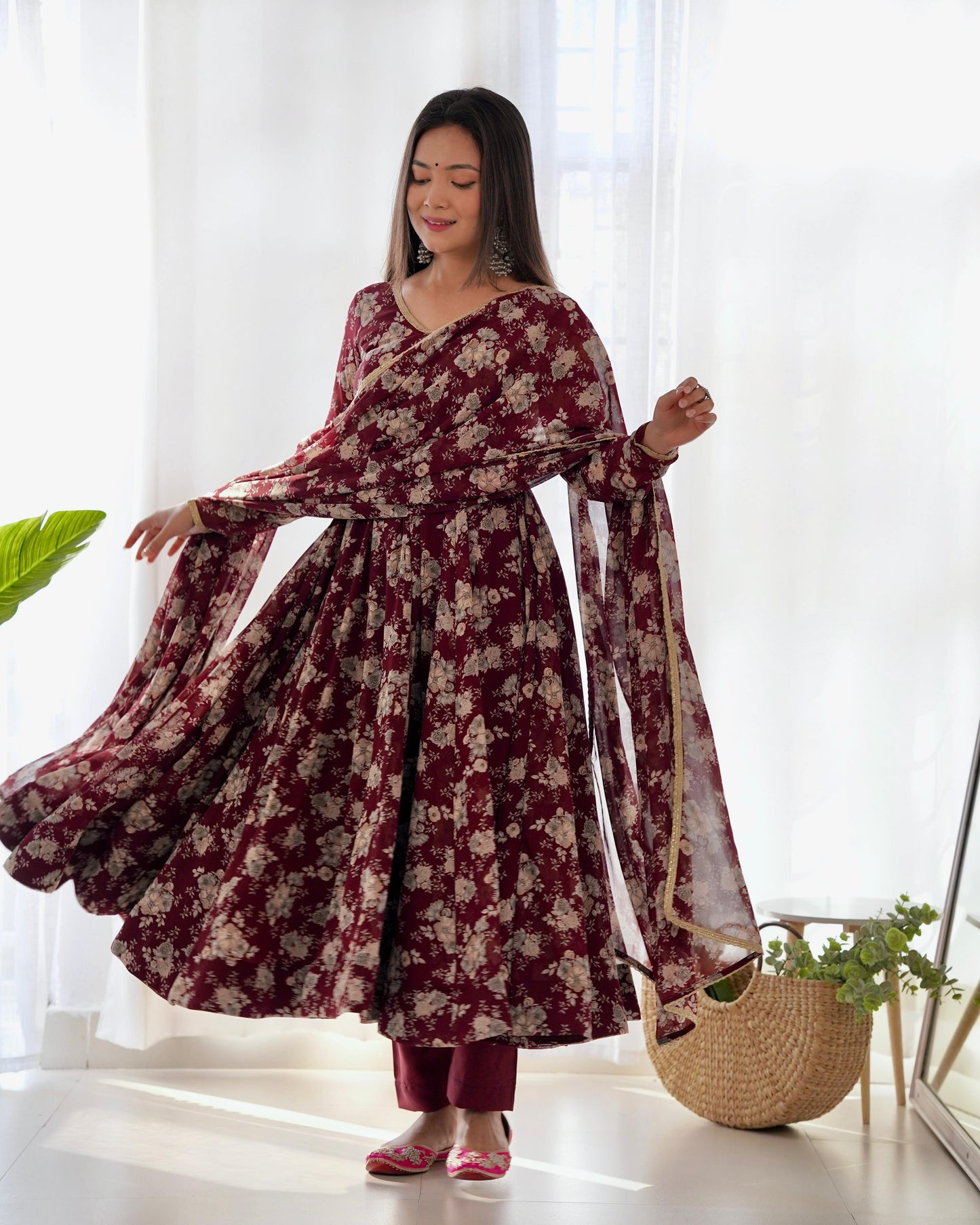 Dark Maroon Floral Print Pure Micro Cotton Anarkali 3pc Kurta Set