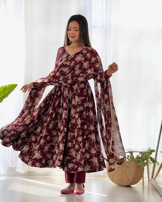 Dark Maroon Floral Print Pure Micro Cotton Anarkali 3pc Kurta Set