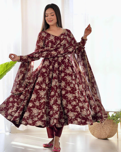 Dark Maroon Floral Print Pure Micro Cotton Anarkali 3pc Kurta Set