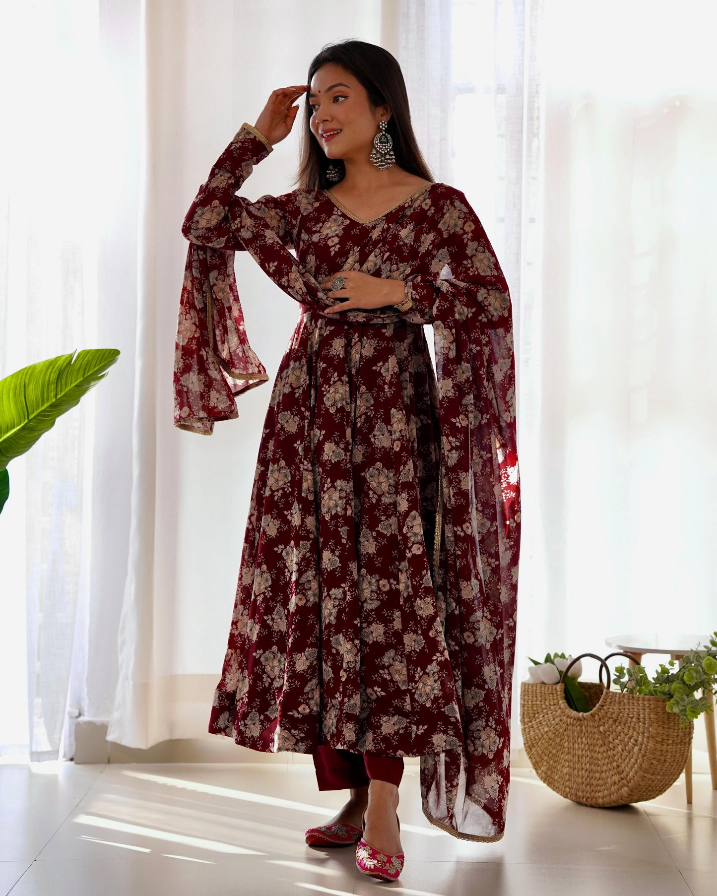 Dark Maroon Floral Print Pure Micro Cotton Anarkali 3pc Kurta Set