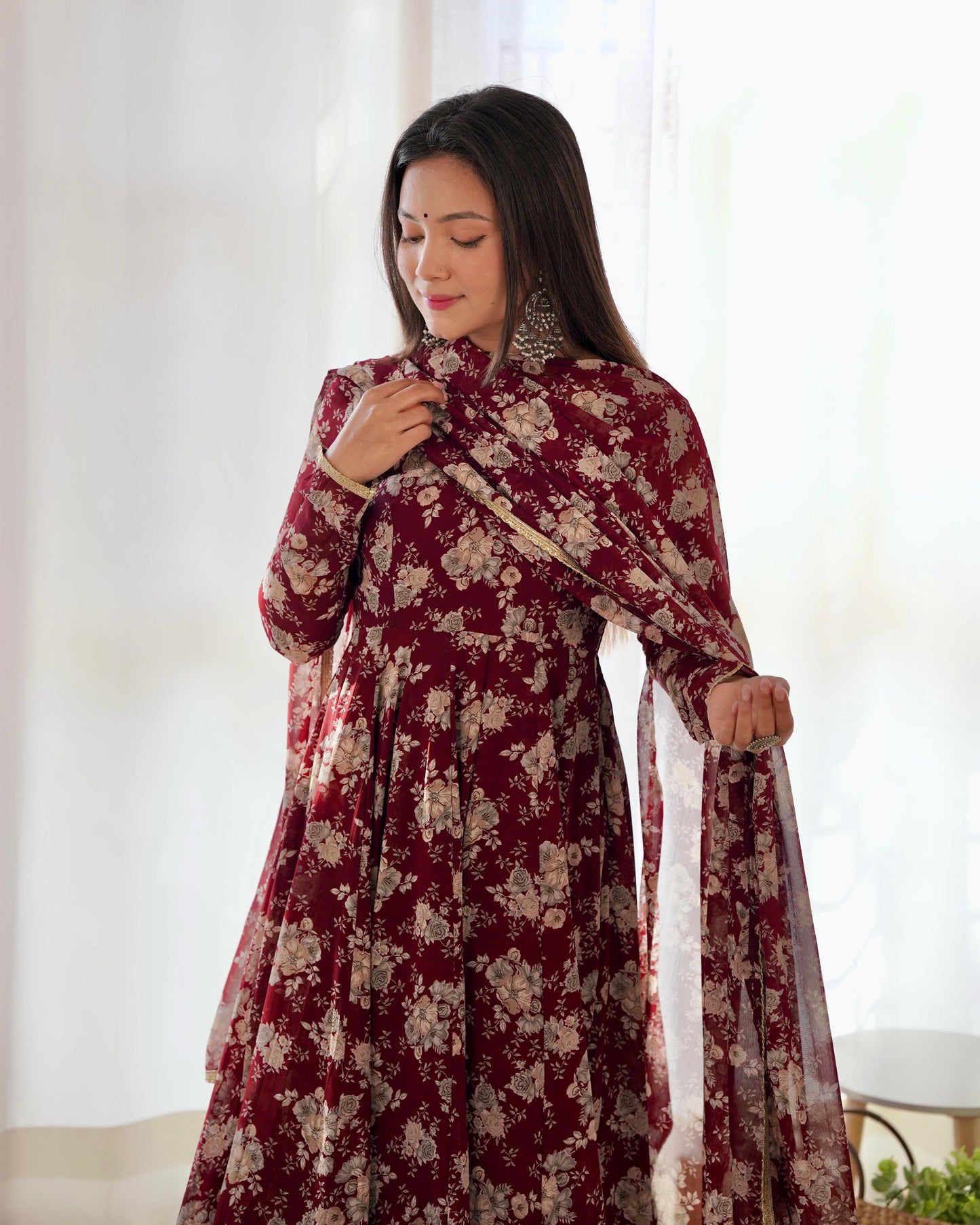 Dark Maroon Floral Print Pure Micro Cotton Anarkali 3pc Kurta Set