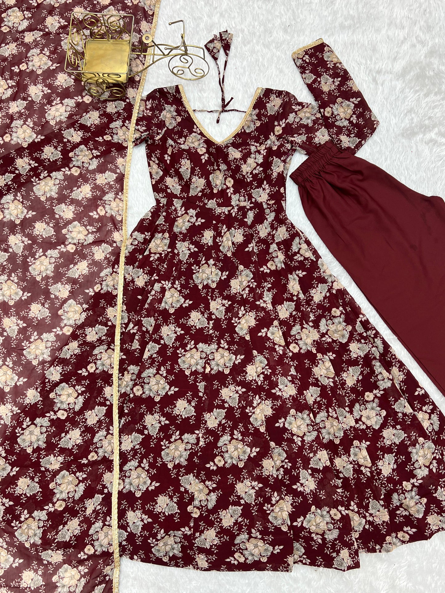 Dark Maroon Floral Print Pure Micro Cotton Anarkali 3pc Kurta Set